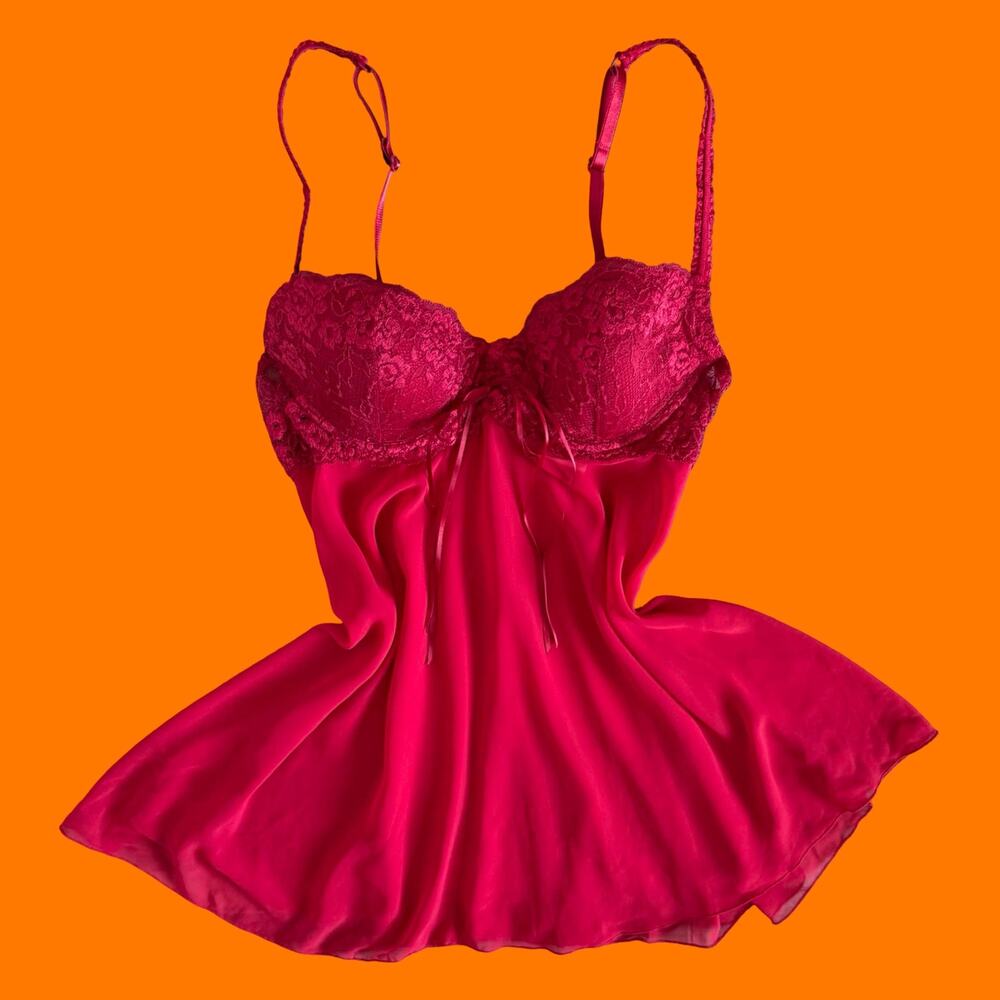 00's vintage red chiffon lace lingerie romantic y2k bustier slip dress MEDIUM